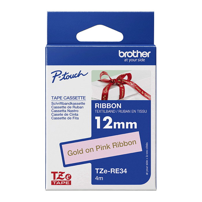 Brother TZe-RE34 Cinta de Etiquetas Textil TZe Transferencia Térmica 12 mm de Ancho x 4 m de Largo, Color Oro sobre Rosa, Compatible con Impresoras Brother