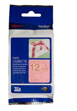 Brother TZe-RE34 Cinta de Tela Satinada No Adhesiva Oro sobre Rosa 12mm x 4m Brother TZe-RE34 Cinta de Tela Satinada No Adhesiva Oro sobre Rosa 12mm x 4m