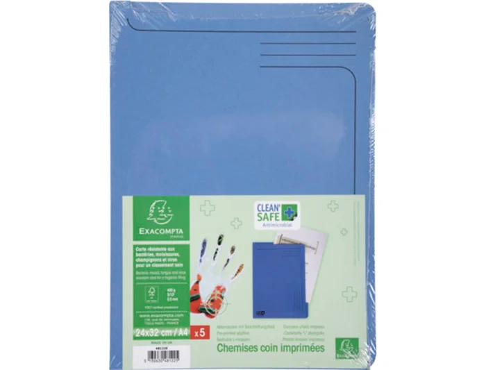 Exacompta Carpeta Dossier Uñero Clean'Safe Antimicrobiano Cartulina 400 gr DIN A4 Azul Paquete de 5 Unidades