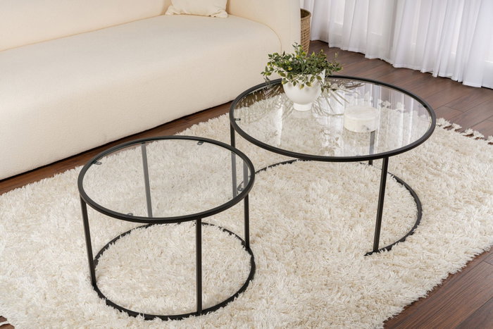 Nordure Juego de Mesas de Café 80, 60 cm Negro y Transparente Vidrio Templado Metal