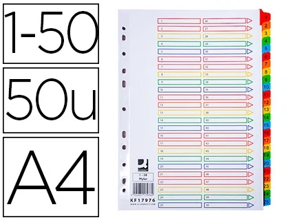 Q-connect Separadores Numéricos Cartón 1-50 Juego de 50 Separadores DIN A4 Multitaladro Q-connect Separadores Numéricos Cartón 1-50 Juego de 50 Separadores DIN A4 Multitaladro