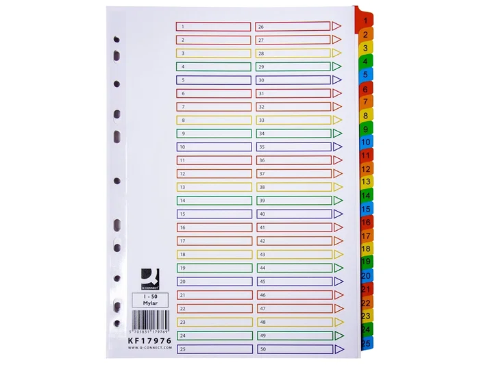 Q-connect Separadores Numéricos Cartón 1-50 Juego de 50 Separadores DIN A4 Multitaladro Q-connect Separadores Numéricos Cartón 1-50 Juego de 50 Separadores DIN A4 Multitaladro