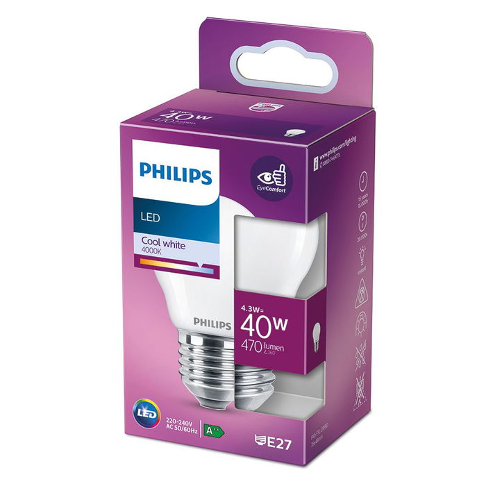 Philips Bombilla Esferica LED E27 4.3W 470lm 4000K Luz Día Ø4.5 x 7.8 cm