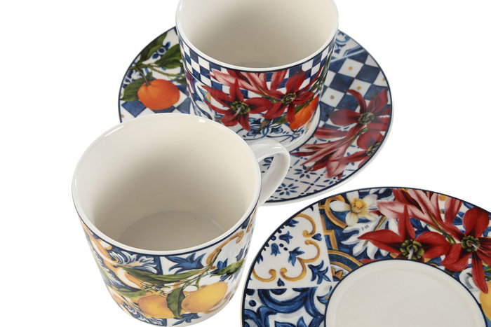 DKD Home Decor Conjunto de Taza y Platillo Azulejos Limones 24, Porcelana, 220ml