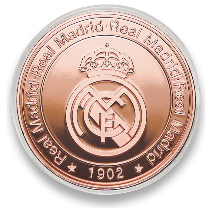 REAL MADRID Moneda Coleccionable 1902 en Bronce - Réplica Conmemorativa del Origen del Club en Cápsula Acrílica