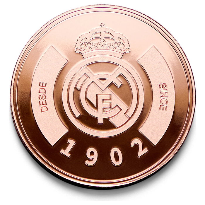 REAL MADRID Moneda Coleccionable 1902 en Bronce - Réplica Conmemorativa del Origen del Club en Cápsula Acrílica