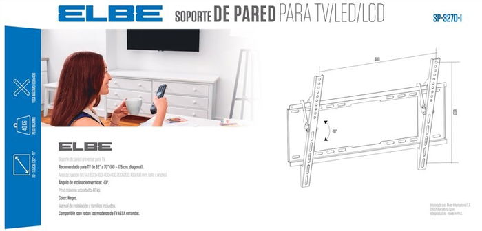 Elbe SP-3270-I Soporte Pared Inclinable para TV 32'-70' Max. 40Kg Incl. 10º Elbe SP-3270-I Soporte Pared Inclinable para TV 32'-70' Max. 40Kg Incl. 10º