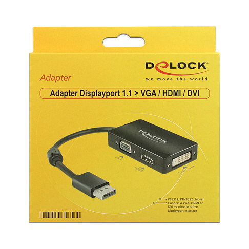 DeLOCK Adaptador DisplayPort a 1 x VGA + 1 x HDMI + 1 x DVI Negro 0.16m DeLOCK Adaptador DisplayPort a 1 x VGA + 1 x HDMI + 1 x DVI Negro 0.16m