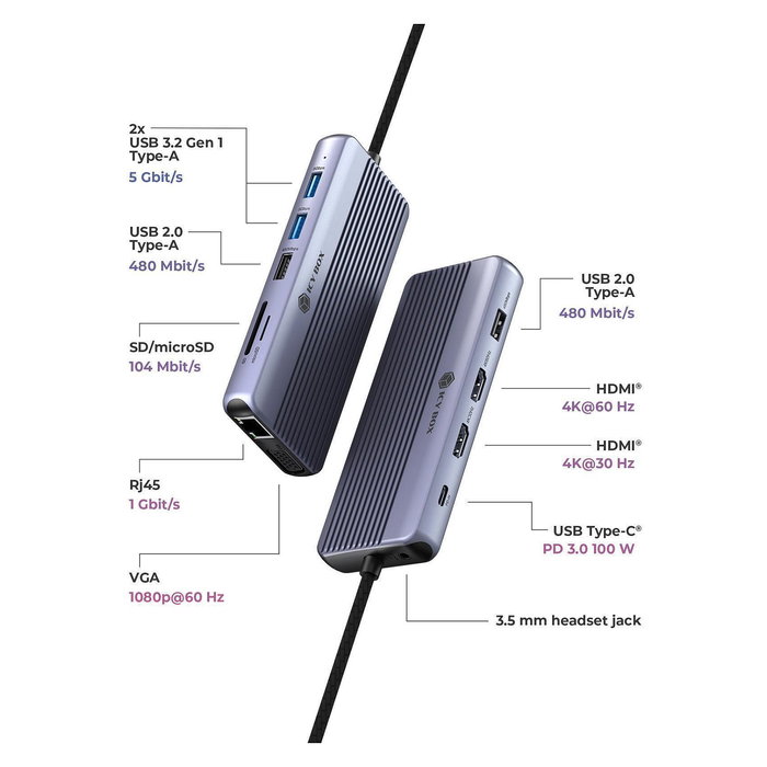 ICY BOX IB-DK4062-CPD Docking Station USB-C 100W Multi Puerto con HDMI 4K 60Hz, Ethernet, Lectora de Tarjetas, Aluminio Antracita