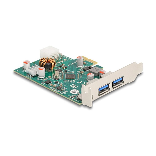 DeLOCK Tarjeta PCI Express x1 con 1 Puerto USB Tipo-C Externo PD 30W y 2 Puertos USB Tipo-A Externo USB 5 Gbps, PCIe 2.0, USB 3.2 Gen 1, Verde