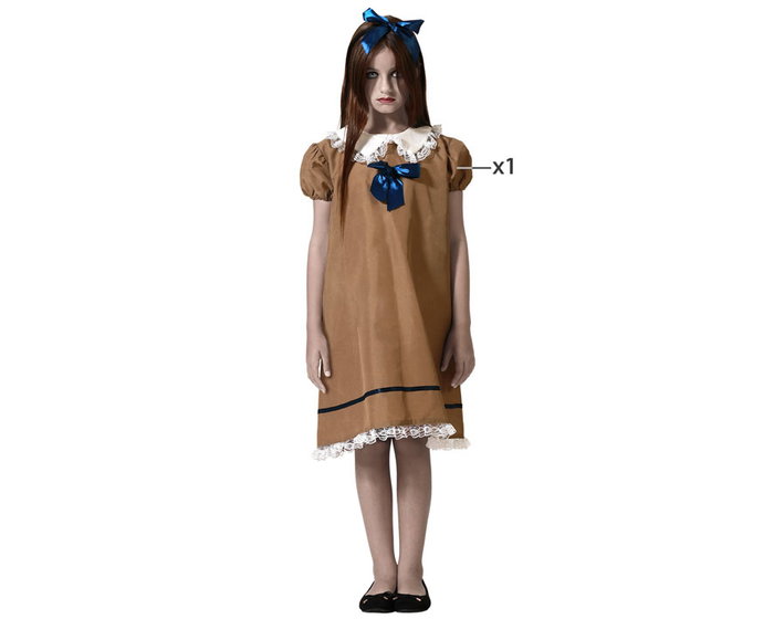 Disfraz de Muñeca Vintage Marrón con Lazo Azul para Niña 3-4 Años - Vestido Halloween Terror