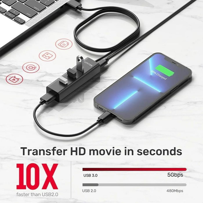 Hub usb-a activo unitek 5gbps, 4 puertos usb-a