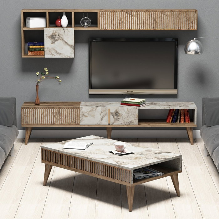 Hanah Home Juego Muebles Sala Walnut White Marble Elegante Sofisticado Moderno Durable Tablero Melamina 18mm