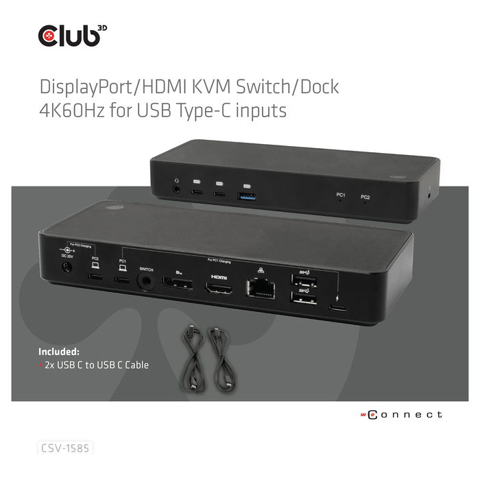 Club 3D Conmutador KVM 4K60Hz 2 Entradas USB-C, HDMI, DisplayPort, 3xUSB-A, 2xUSB-C, LAN, Negro