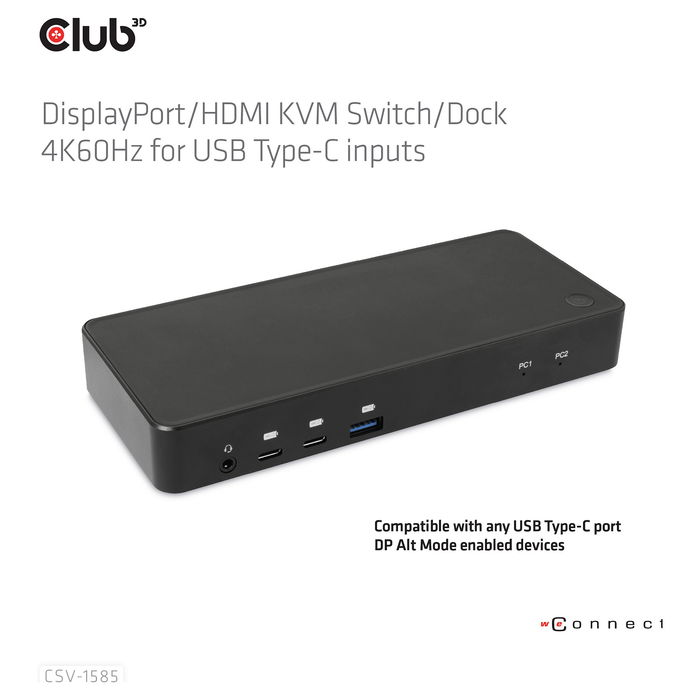 Club 3D Conmutador KVM 4K60Hz 2 Entradas USB-C, HDMI, DisplayPort, 3xUSB-A, 2xUSB-C, LAN, Negro