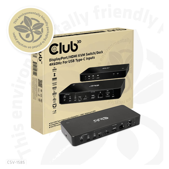Club 3D Conmutador KVM 4K60Hz 2 Entradas USB-C, HDMI, DisplayPort, 3xUSB-A, 2xUSB-C, LAN, Negro