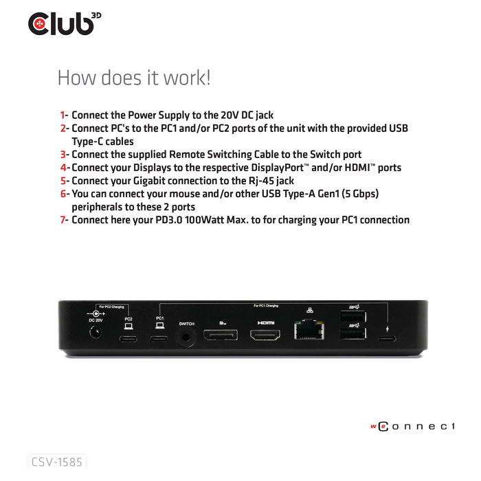 Club 3D Conmutador KVM 4K60Hz 2 Entradas USB-C, HDMI, DisplayPort, 3xUSB-A, 2xUSB-C, LAN, Negro