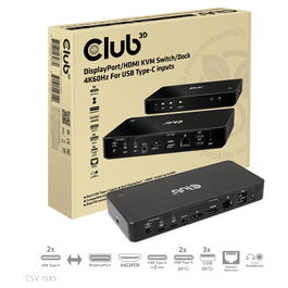 Club 3D Conmutador KVM 4K60Hz 2 Entradas USB-C, HDMI, DisplayPort, 3xUSB-A, 2xUSB-C, LAN, Negro