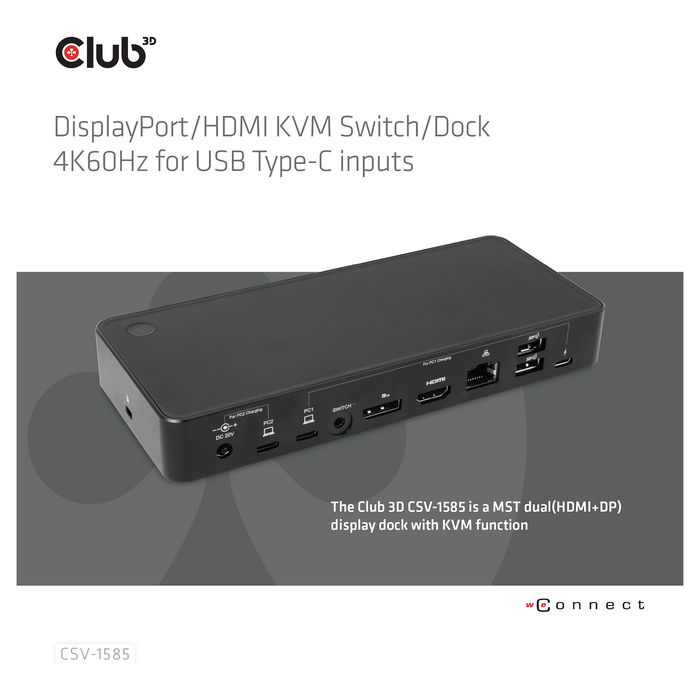 Club 3D Conmutador KVM 4K60Hz 2 Entradas USB-C, HDMI, DisplayPort, 3xUSB-A, 2xUSB-C, LAN, Negro