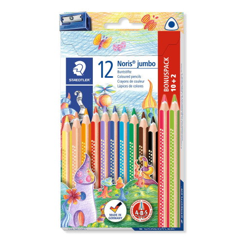 Staedtler Triplus Jumbo Lápices de Colores Surtidos 10+2 con Sacapuntas de Regalo