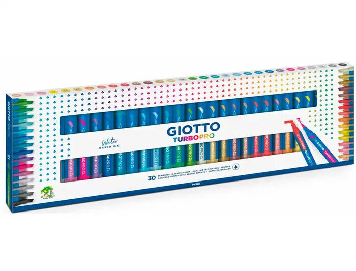 Giotto Turbo Pro Rotulador Acuarelable de Doble Punta, Punta Pincel y Biselada, 30 Colores Vibrantes, Caja de 30 Unidades, Colores Surtidos