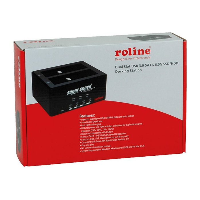 ROLINE Docking Station USB 3.2 Gen 1 para HDD/SSD SATA de 2,5 y 3,5 pulgadas con función de clonación