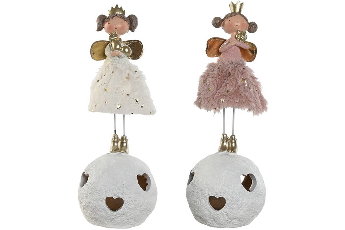 DKD Home Decor Figura Navidad Fantasia Resina LED Blanco Rosa 4 Unidades 12.5 x 32.5 x 12.5 cm