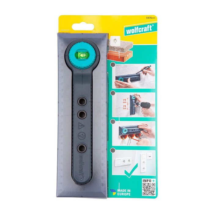 Wolfcraft 5976000 Plantilla de Perforación Electricidad para Medidas 71 y 91 mm para Instalación de Interruptores y Cajas de Enchufe en Ladrillo con Nivel de Burbuja Wolfcraft 5976000 Plantilla de Perforación Electricidad para Medidas 71 y 91 mm para Instalación de Interruptores y Cajas de Enchufe en Ladrillo con Nivel de Burbuja