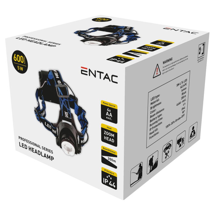 ENTAC Linterna con cinta para cabeza Zoom 5W Alu Negro ENTAC Linterna con cinta para cabeza Zoom 5W Alu Negro