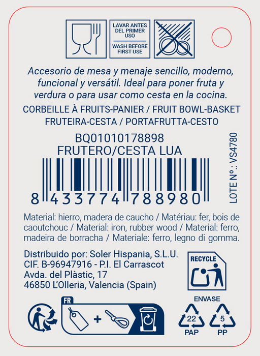 Inde Frutero Cesta Lua Quttin de Mimbre - 28.5 x 28.5 x 13 cm (12 Unidades)