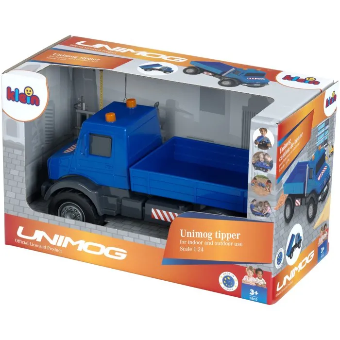 KLEIN 3802 Camión volquete todoterreno Mercedes Unimog con ruedas blandas y caja basculante, escala 1:24, para mayores de 3 años
