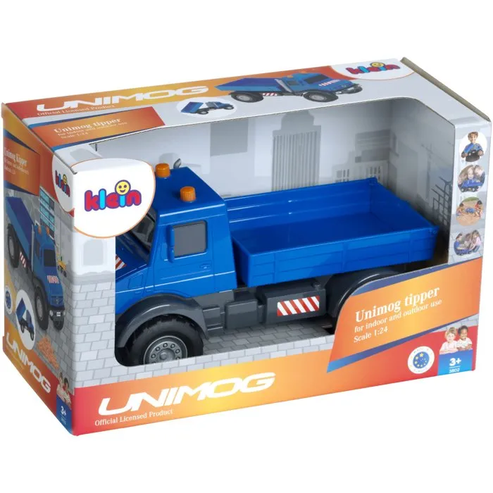 KLEIN 3802 Camión volquete todoterreno Mercedes Unimog con ruedas blandas y caja basculante, escala 1:24, para mayores de 3 años