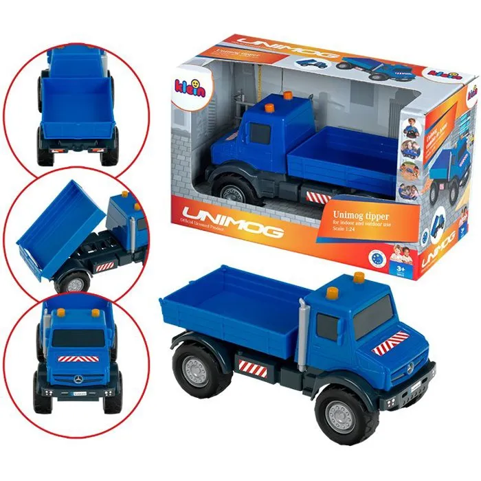 KLEIN 3802 Camión volquete todoterreno Mercedes Unimog con ruedas blandas y caja basculante, escala 1:24, para mayores de 3 años