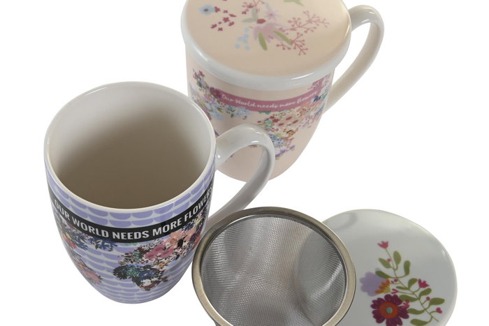 DKD Home Decor Mug Infusiones World&flowers Urban Multicolor Porcelana Inox 9 x 11 x 12 cm 380ml Apto Microondas Lavavajillas (12 Unidades)