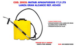 MATABI Apagafuegos 17,5 L con lanza de gran alcance 8-12 m