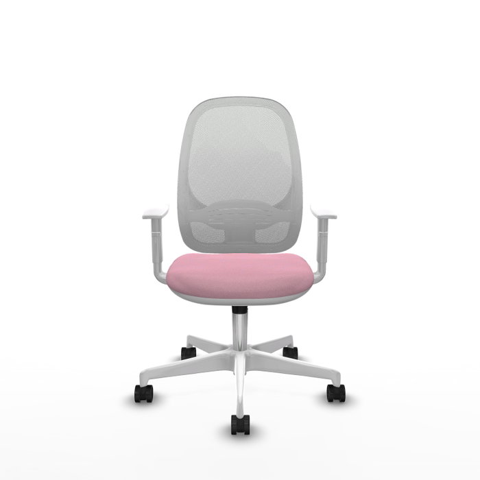 Silla de oficina Cilanco con mecanismo Sincro tapizada con Tela color Rosa y malla color Blanco. Equipada con lumbar 1D, Reposabrazos blancos y Ruedas 65mm nailon