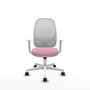 Silla de oficina Cilanco con mecanismo Sincro tapizada con Tela color Rosa y malla color Blanco. Equipada con lumbar 1D, Reposabrazos blancos y Ruedas 65mm nailon