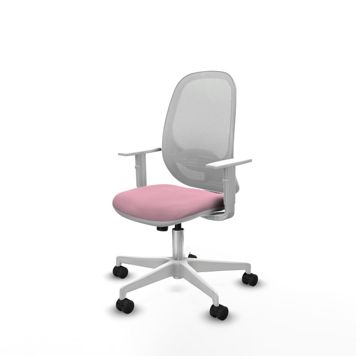 Silla de oficina Cilanco con mecanismo Sincro tapizada con Tela color Rosa y malla color Blanco. Equipada con lumbar 1D, Reposabrazos blancos y Ruedas 65mm nailon