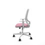 Silla de oficina Cilanco con mecanismo Sincro tapizada con Tela color Rosa y malla color Blanco. Equipada con lumbar 1D, Reposabrazos blancos y Ruedas 65mm nailon