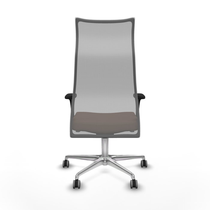Sillón Albacete con mecanismo Sincro tapizada con Tela color Marrón oscuro y malla color Gris. Equipado con Base aluminio, Brazos 1D y Ruedas 65 mm parqué
