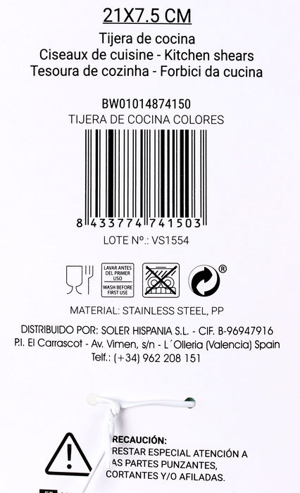 Wooow Tijera de Cocina Colores 21 x 7.5 cm Acero Inoxidable (36 Unidades)