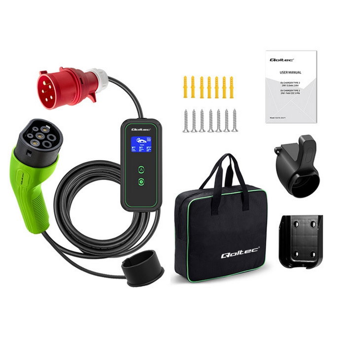 Qoltec Cargadora Móvil para Vehículo Eléctrico 11kW Tipo 2, 3 Fases, Wi-Fi, 5m