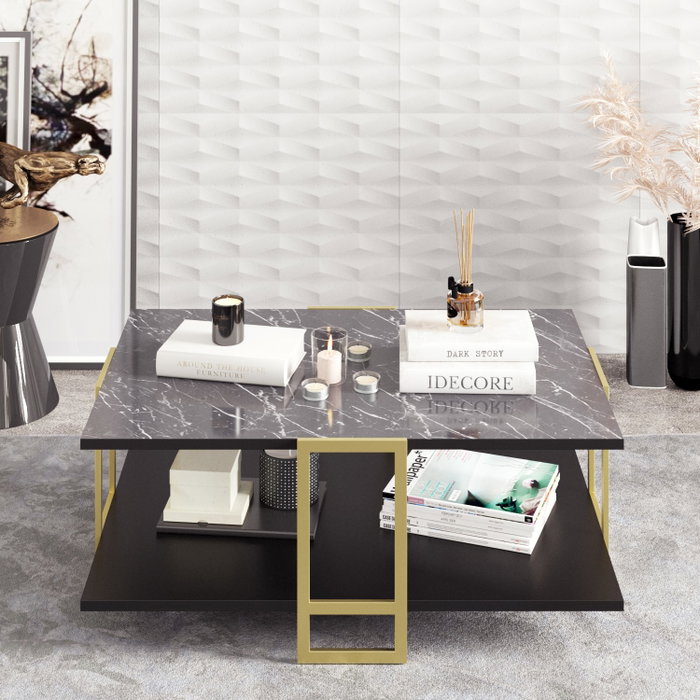 Hanah Home Mesa de Centro Polka - Black Inspiración Barroca Diseño Mármol Patas Metal Tablero Melamina 18mm Elegante y Sofisticada para Salón 91.5x61.5x36.6cm
