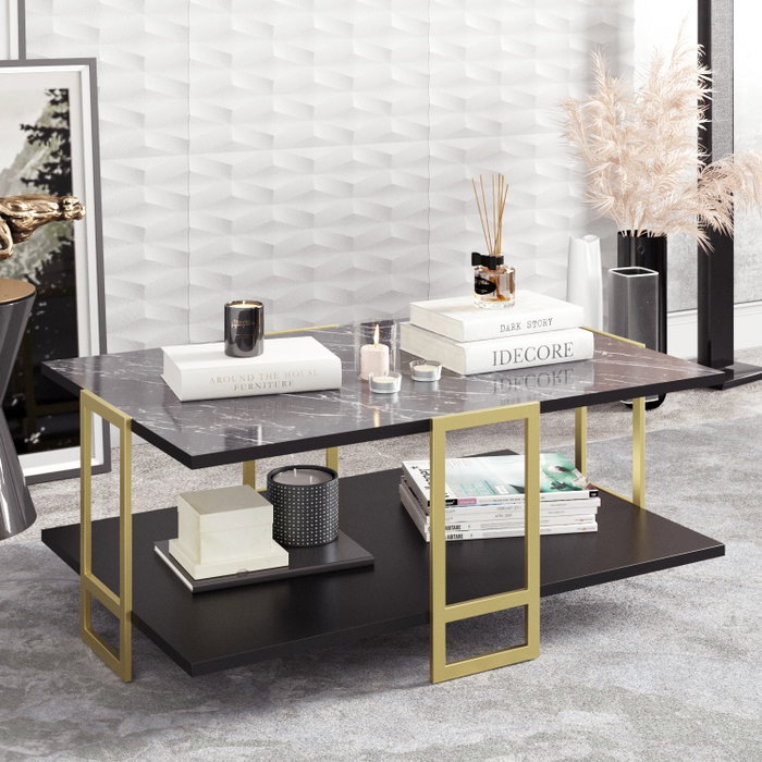 Hanah Home Mesa de Centro Polka - Black Inspiración Barroca Diseño Mármol Patas Metal Tablero Melamina 18mm Elegante y Sofisticada para Salón 91.5x61.5x36.6cm