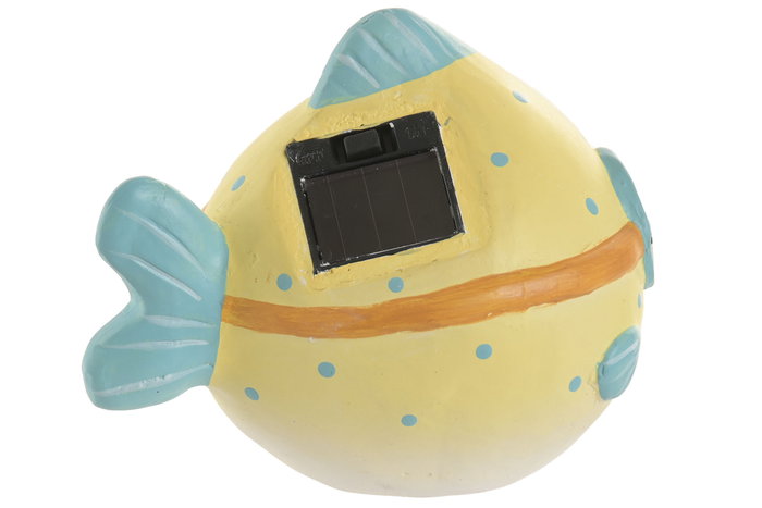 DKD Home Decor Figura Mediterránea Solar con LED, Pez de Cerámica en Azul y Amarillo, 13.5 x 11 x 11 cm, Lote de 4 Unidades