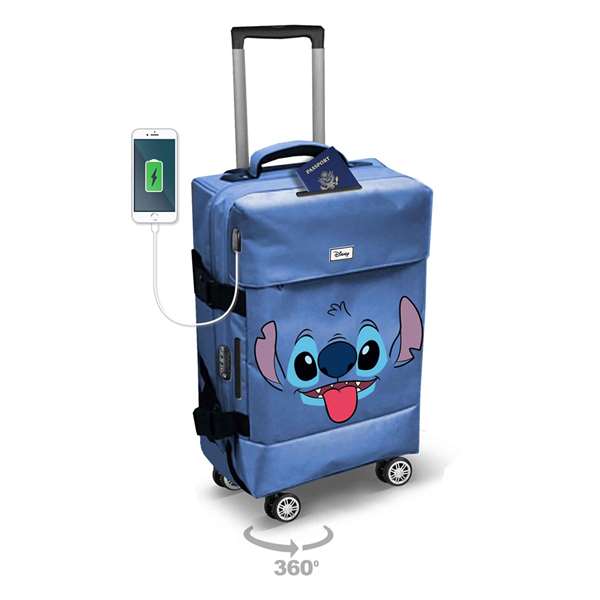 Karactermania Maleta de Cabina Lilo y Stitch Face 4 Ruedas Poliéster Azul 35 x20 x55 cm con Cierre TS Lock y Puerto USB