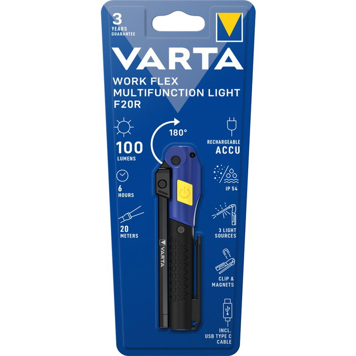 VARTA Linterna de Trabajo Work Flex F20R LED con Imán, 100 Lúmenes, Negra/Aluminio VARTA Linterna de Trabajo Work Flex F20R LED con Imán, 100 Lúmenes, Negra/Aluminio