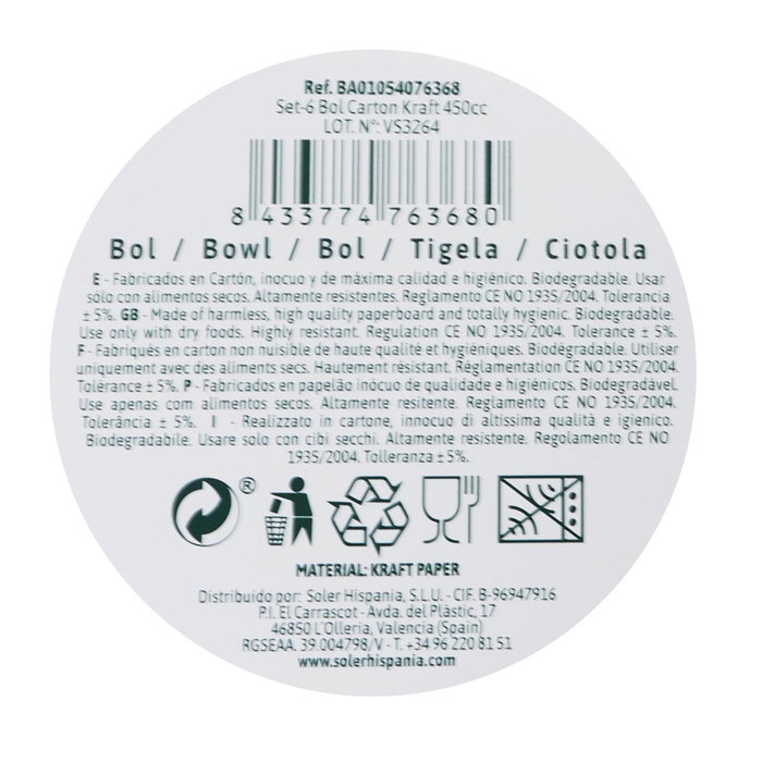 Algon Set 6 Bol Cartón Kraft 450cc 18.5 x 4 x 18.5 cm (24 Unidades) Algon Set 6 Bol Cartón Kraft 450cc 18.5 x 4 x 18.5 cm (24 Unidades)
