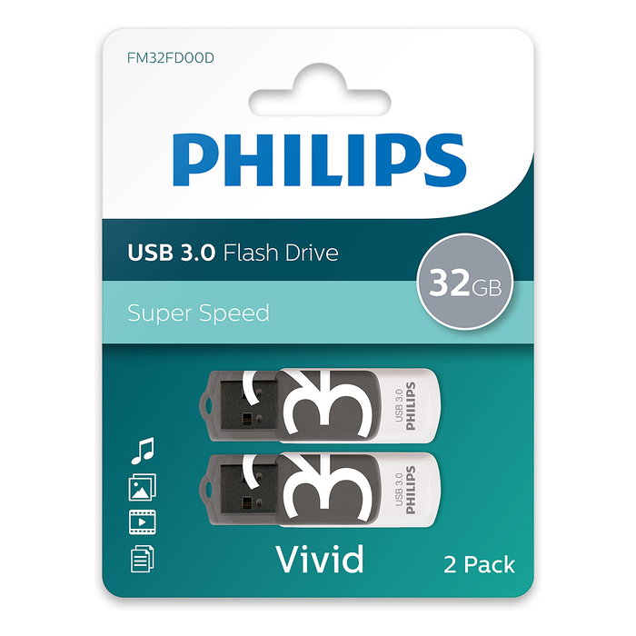 Philips USB 3.0 32GB STICK Vivid Edition Pack de 2 - Shadow Grey, Gris y Blanco, Velocidad de lectura 100 MB/s