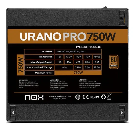 Nox Urano PRO 750W 80 Plus Bronze Fuente de Alimentación ATX - Cables Planos - Ventilador 120mm - Negro